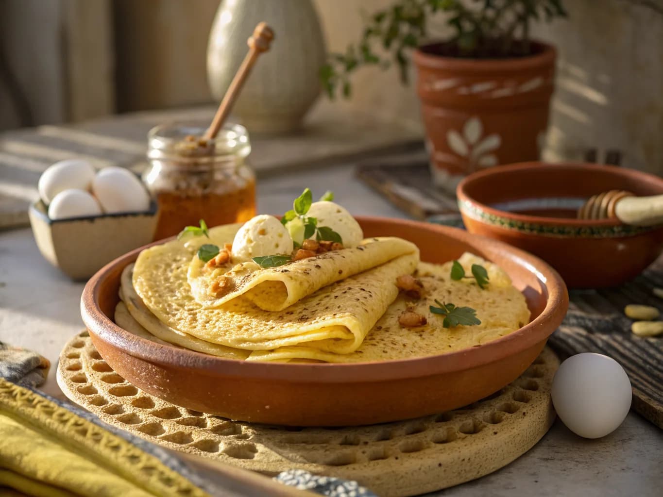 Baghrir with Eggs and Honey (Thousand-Hole Crepes for Moroccan Breakfast)