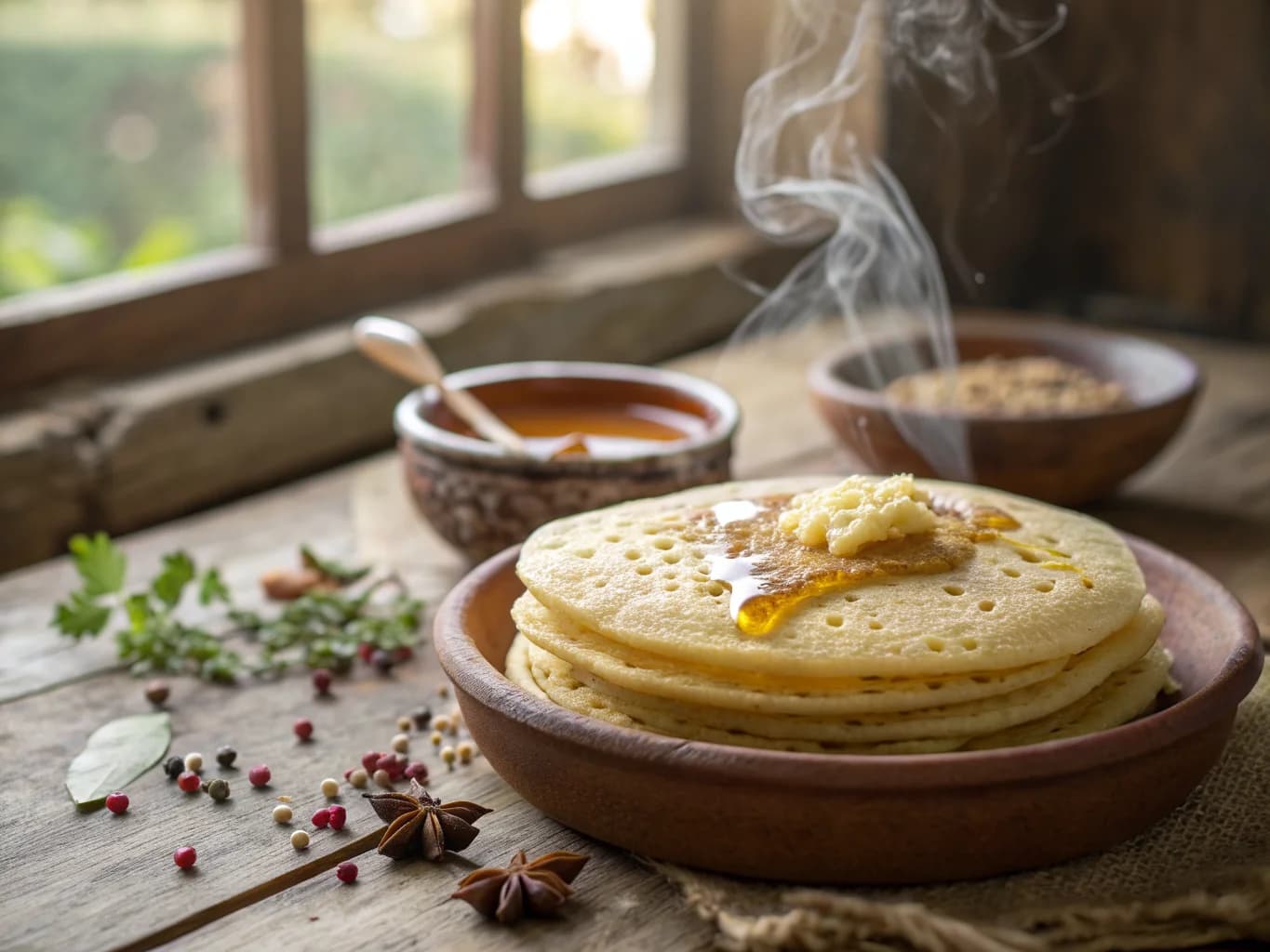 Moroccan Baghrir (Thousand-Hole Pancakes) with Honey and Melted Butter