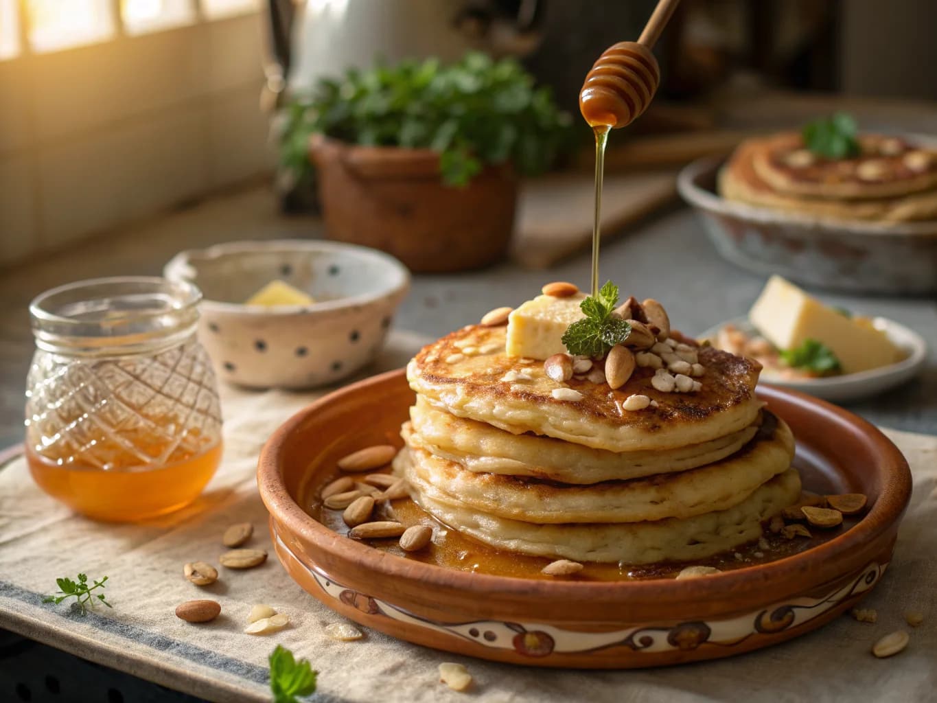 Moroccan Pancakes with Butter and Honey (Sweet Msemen with Almonds and Orange Blossom Water)