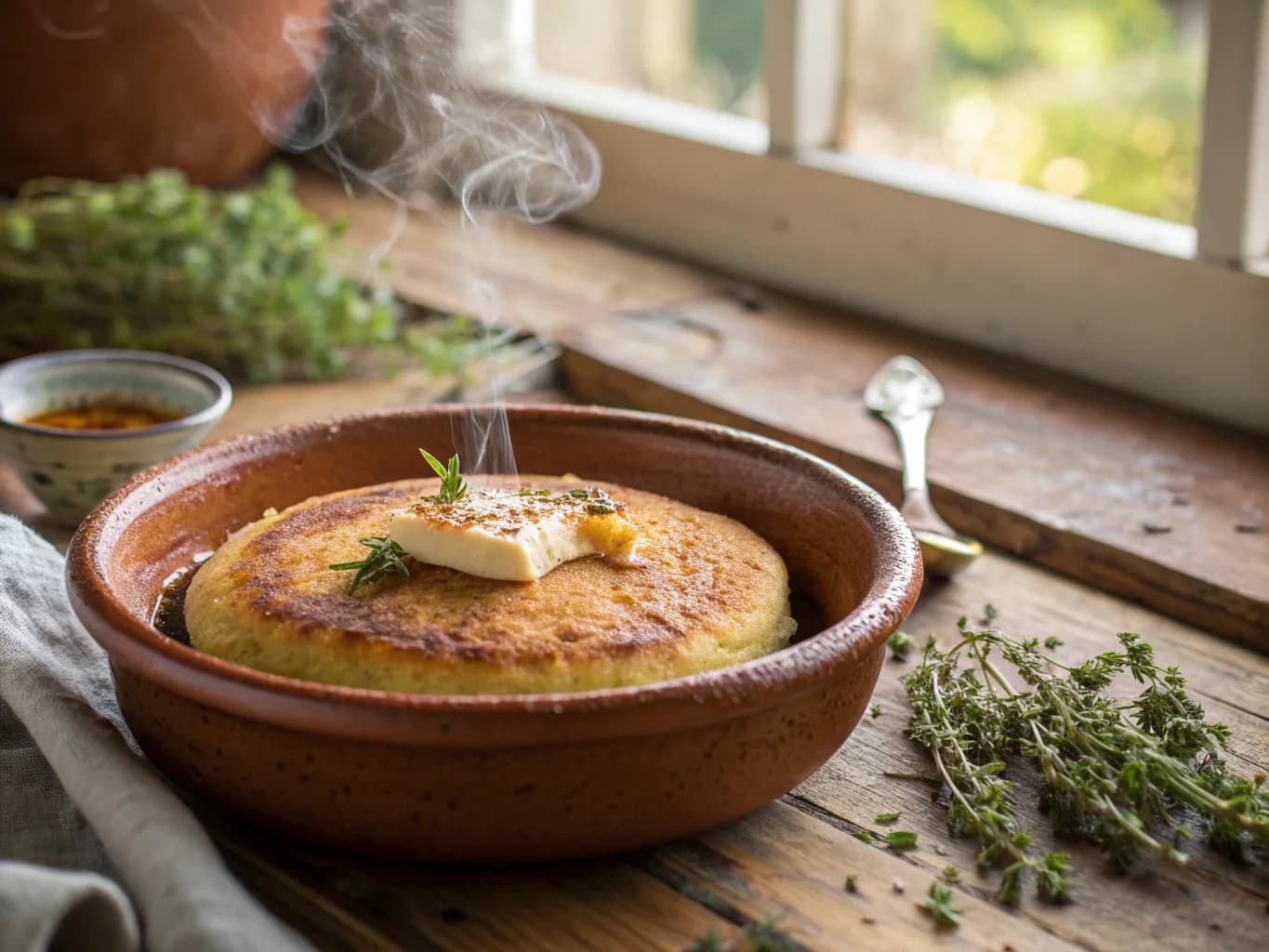 Harcha with Honey and Smen Butter (Moroccan Semolina Griddle Cake for Breakfast)