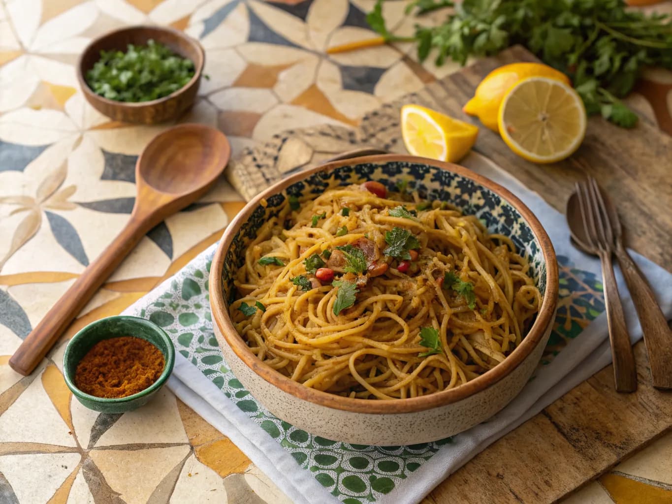 Tunisian Mloukhia with Noodles
