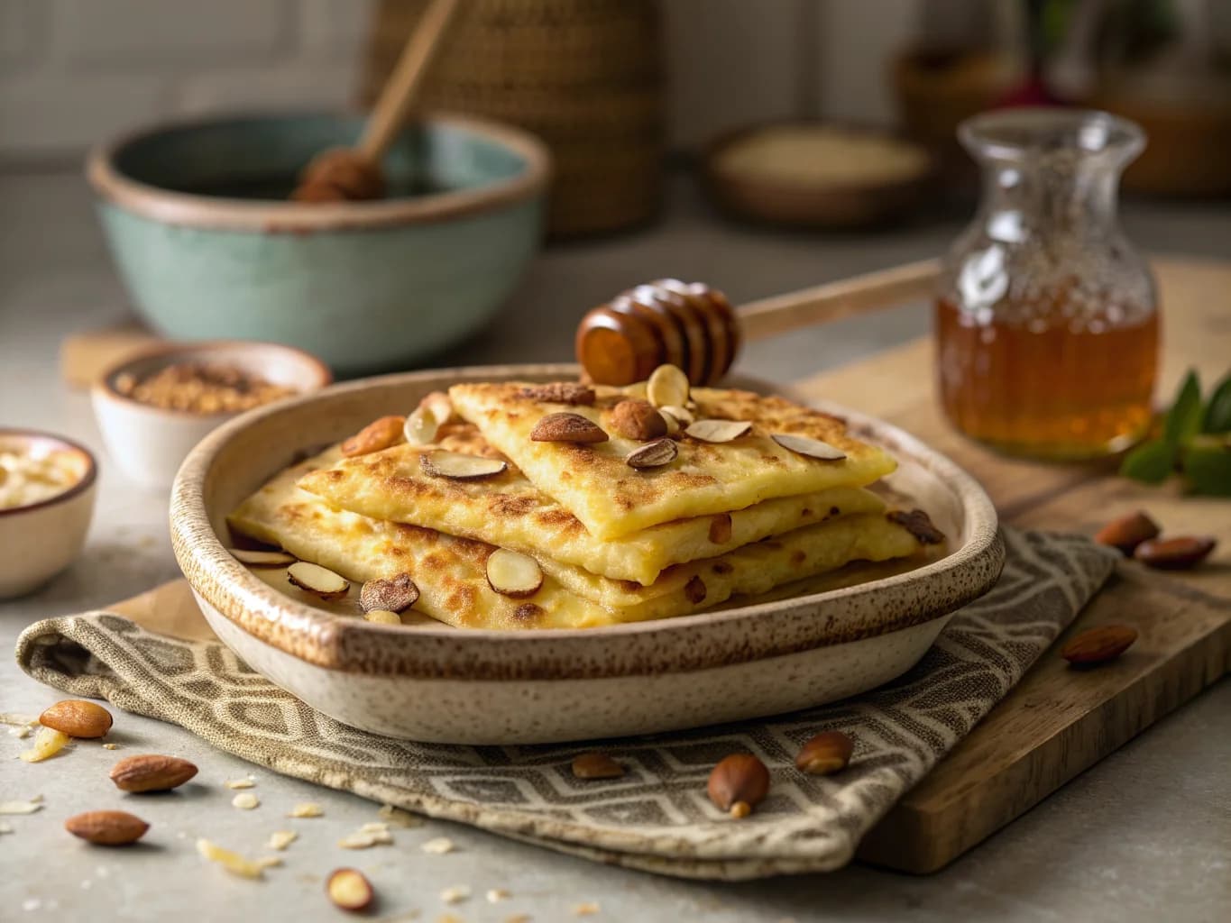 Msemen with Honey and Toasted Almonds (Moroccan Layered Breakfast Pancakes)