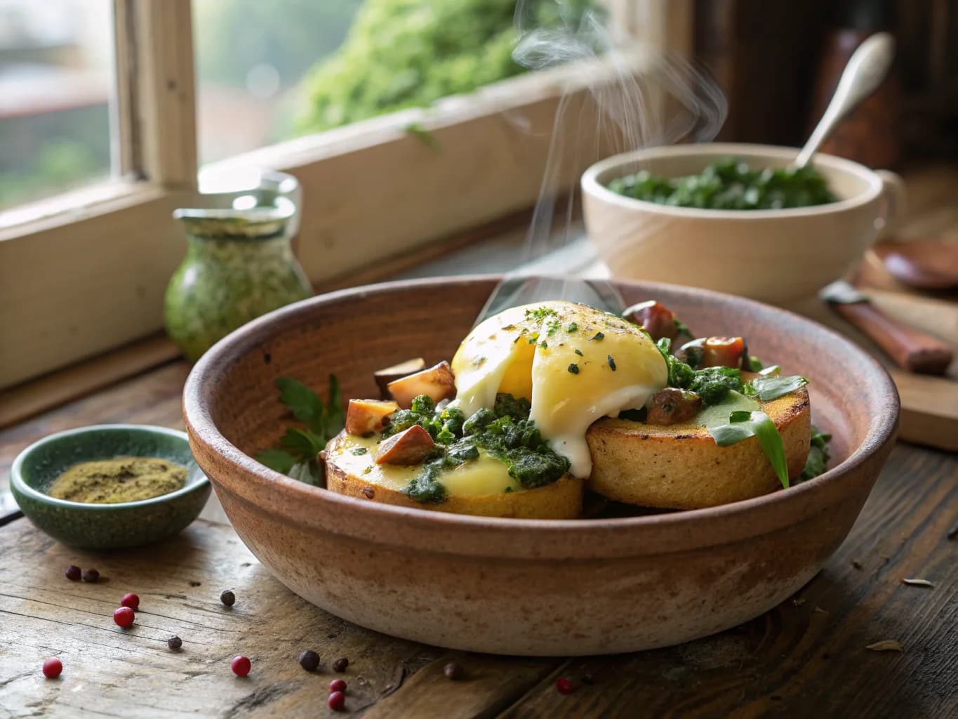 Italian Eggs Benedict with Panisse and Pesto