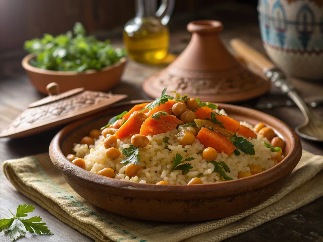 Algerian Rice with Candied Carrots and Chickpeas (Tajine Tfa Djedj)