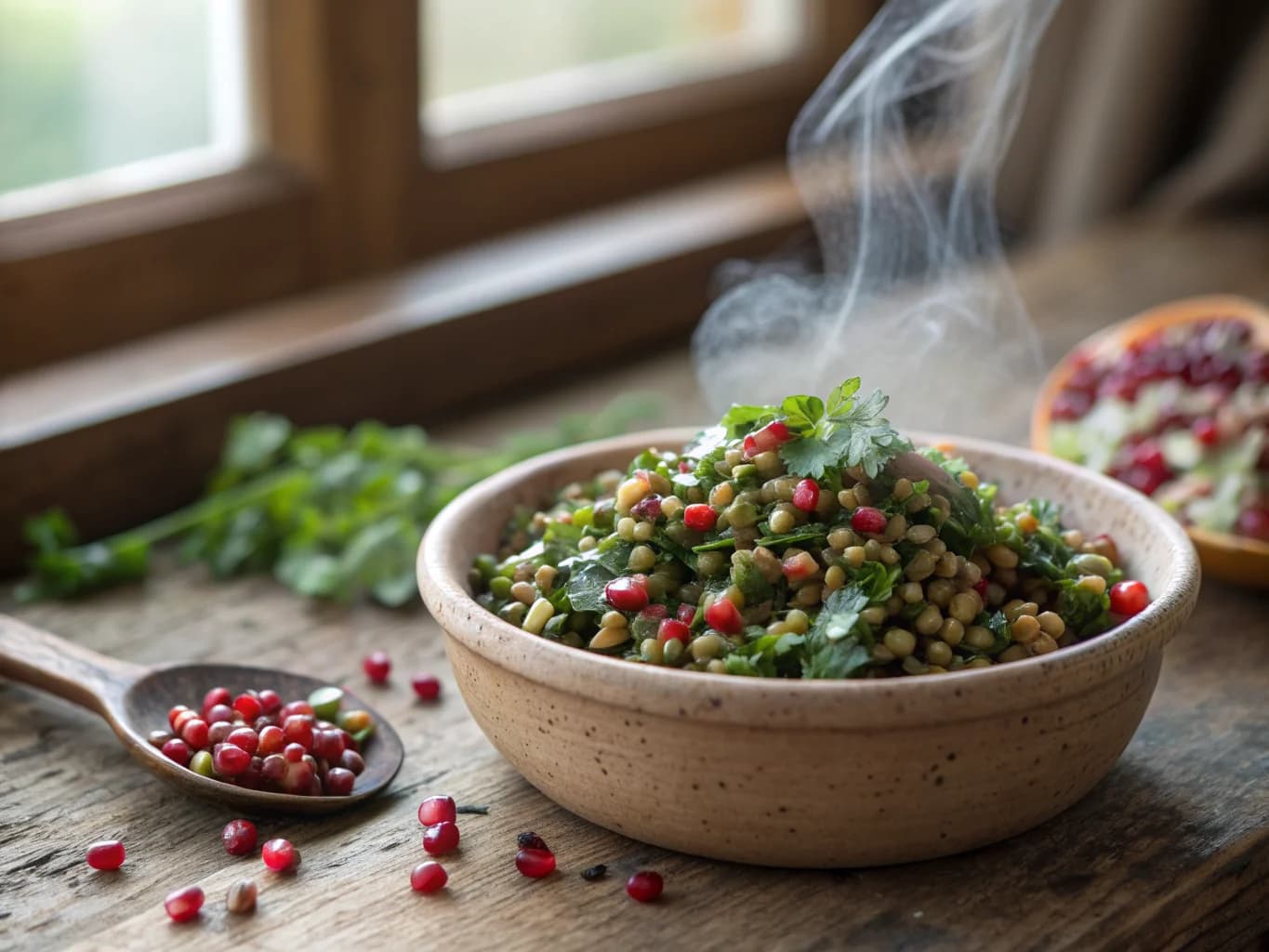 Turkish Cold Salad of Green Lentils and Pomegranate