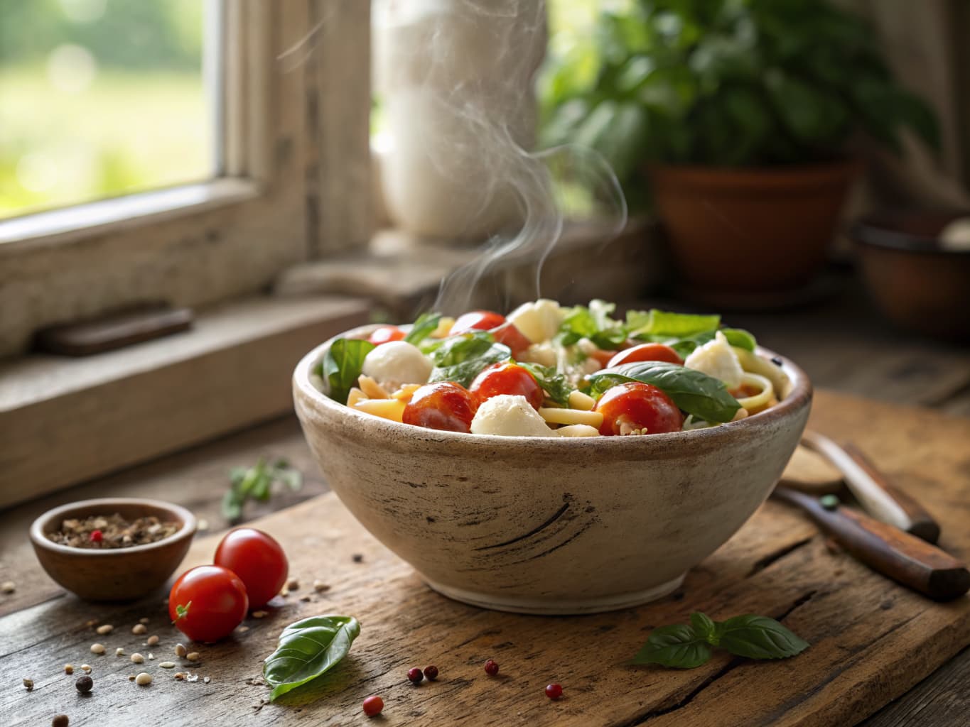 Italian Pasta Salad with Cherry Tomatoes, Basil and Mozzarella