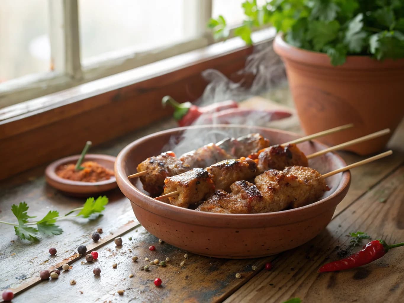 Grilled Turkey Skewers Tunisian-Style with Harissa-Date Sauce
