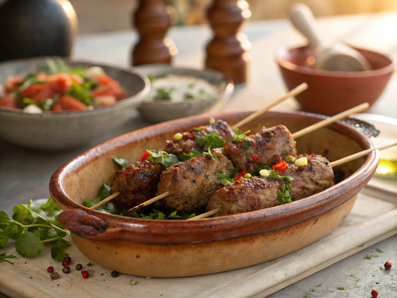 Moroccan Kefta Skewers with Spices and Fresh Herbs