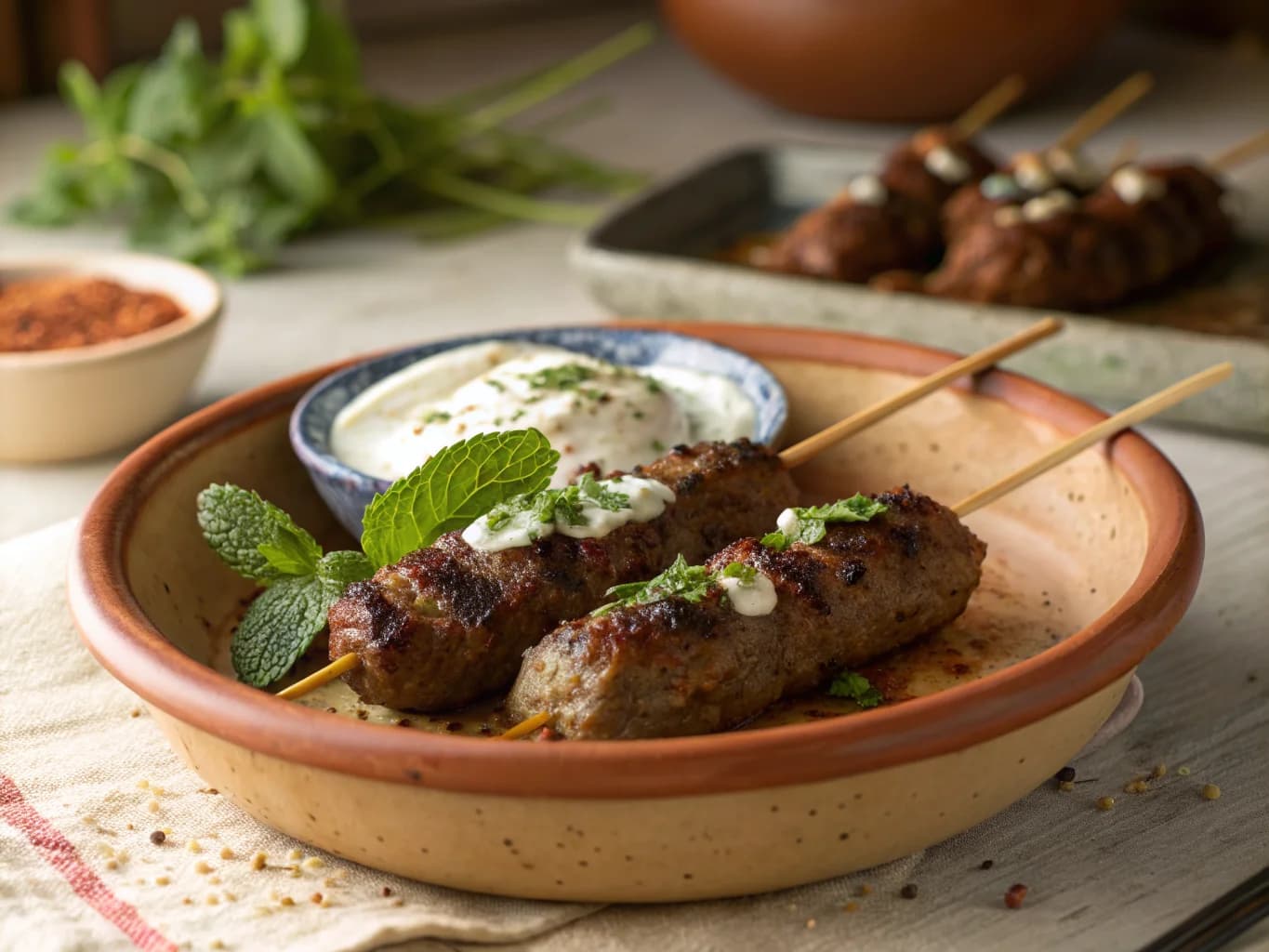 Algerian Kefta Skewers with Spices and Mint Yogurt Sauce