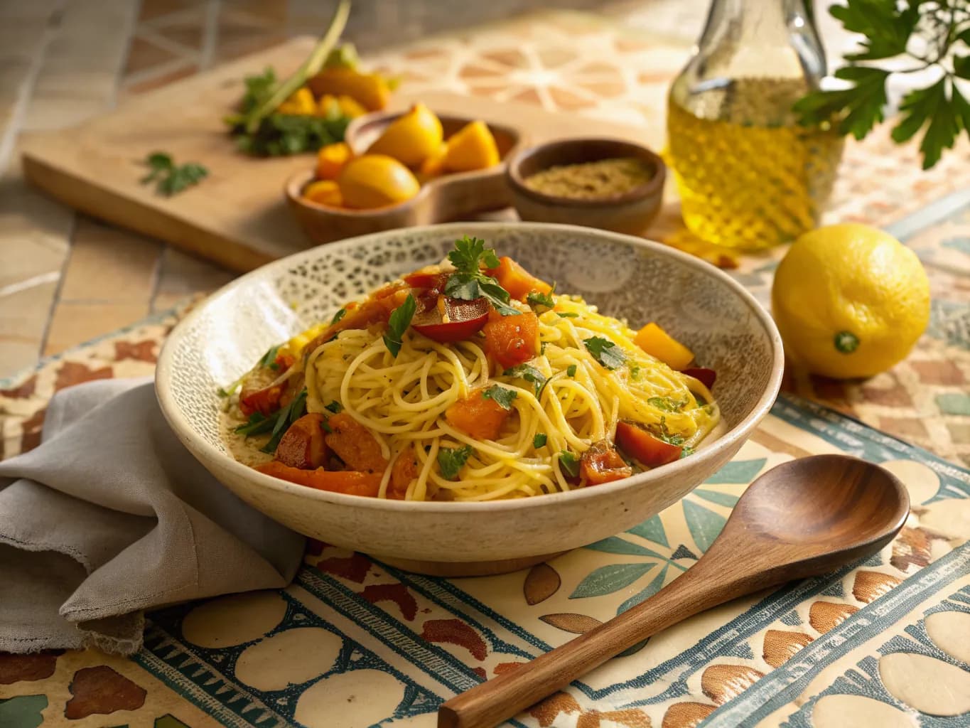 Angel Hair with Saffron and Confit Vegetables (Moroccan)