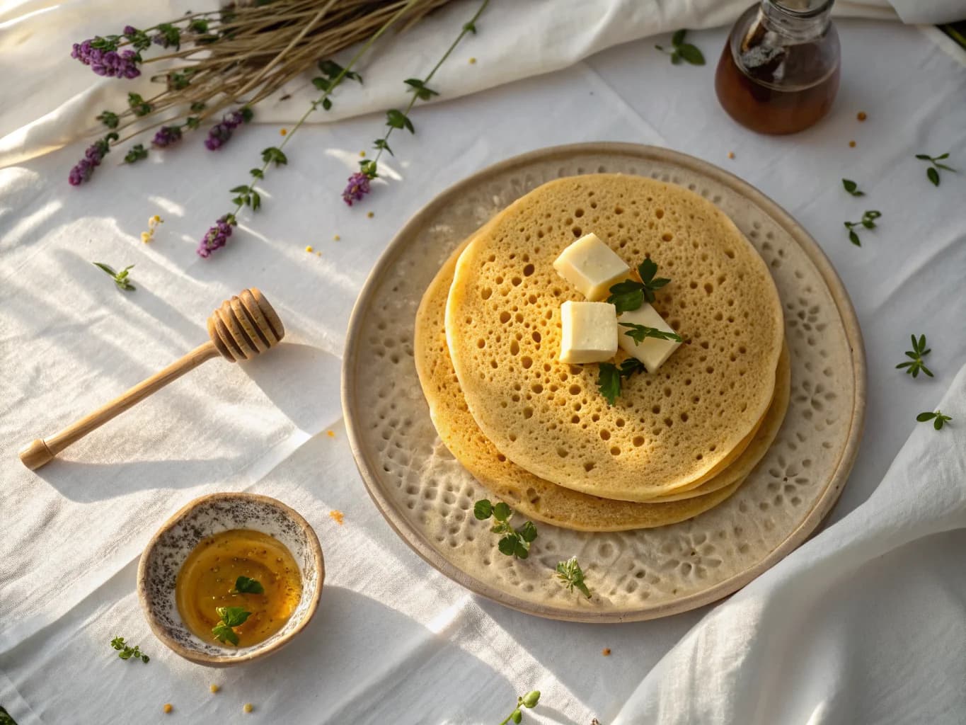 Moroccan Baghrir Pancakes with Honey and Butter (Gourmet Breakfast)