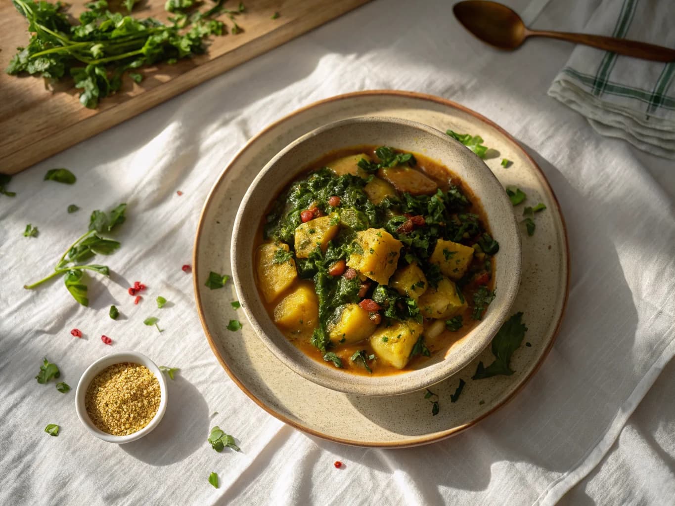 Indian Potato and Spinach Curry with Mild Spices (Aloo Palak)