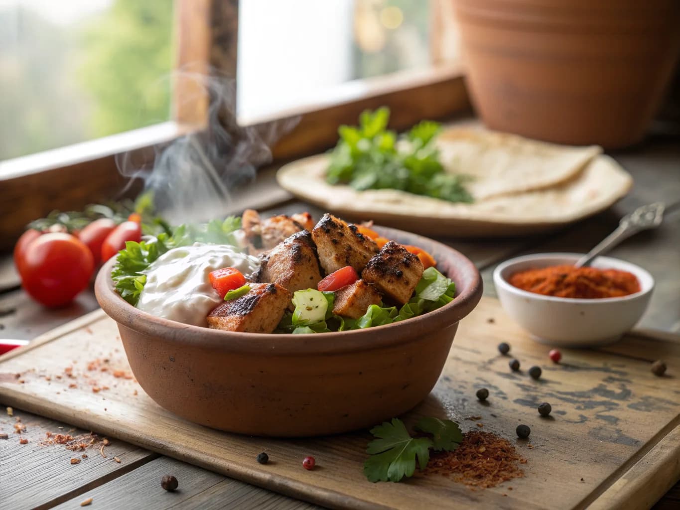 Grilled Chicken Dürüm with Vegetables and Garlic Yogurt Sauce