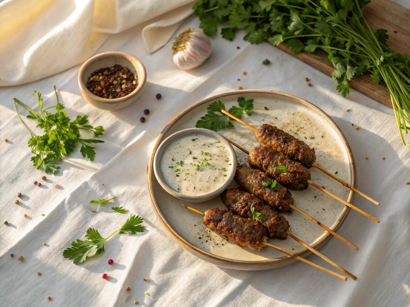 Moroccan Kefta Kebab with Spices and Garlic Sauce