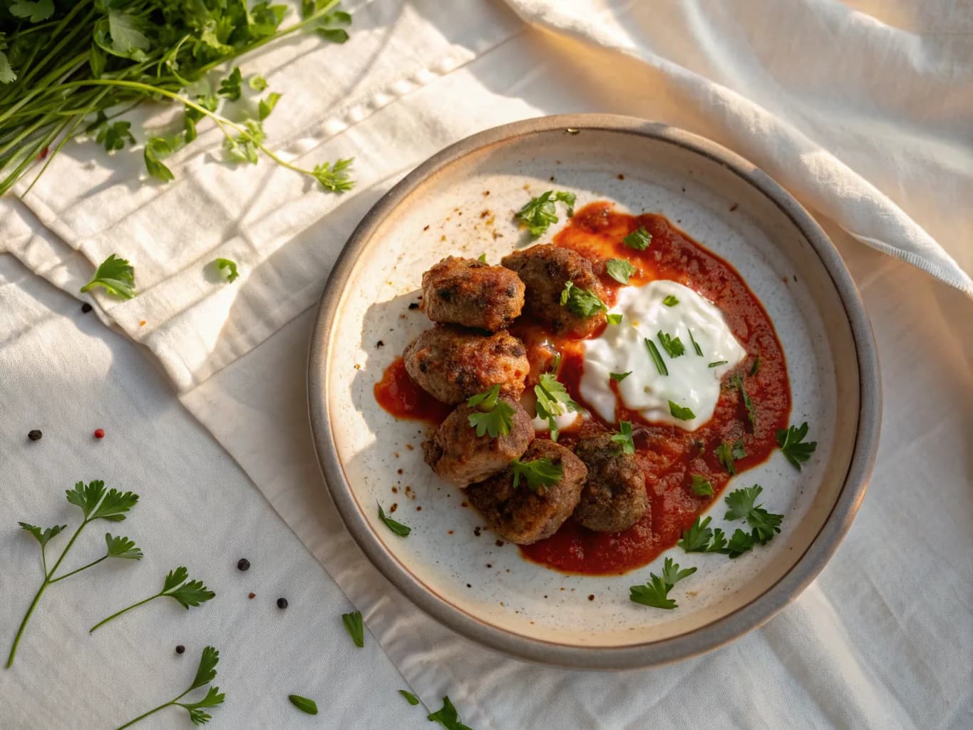 Lamb Köfte with Tomato Sauce and Yogurt