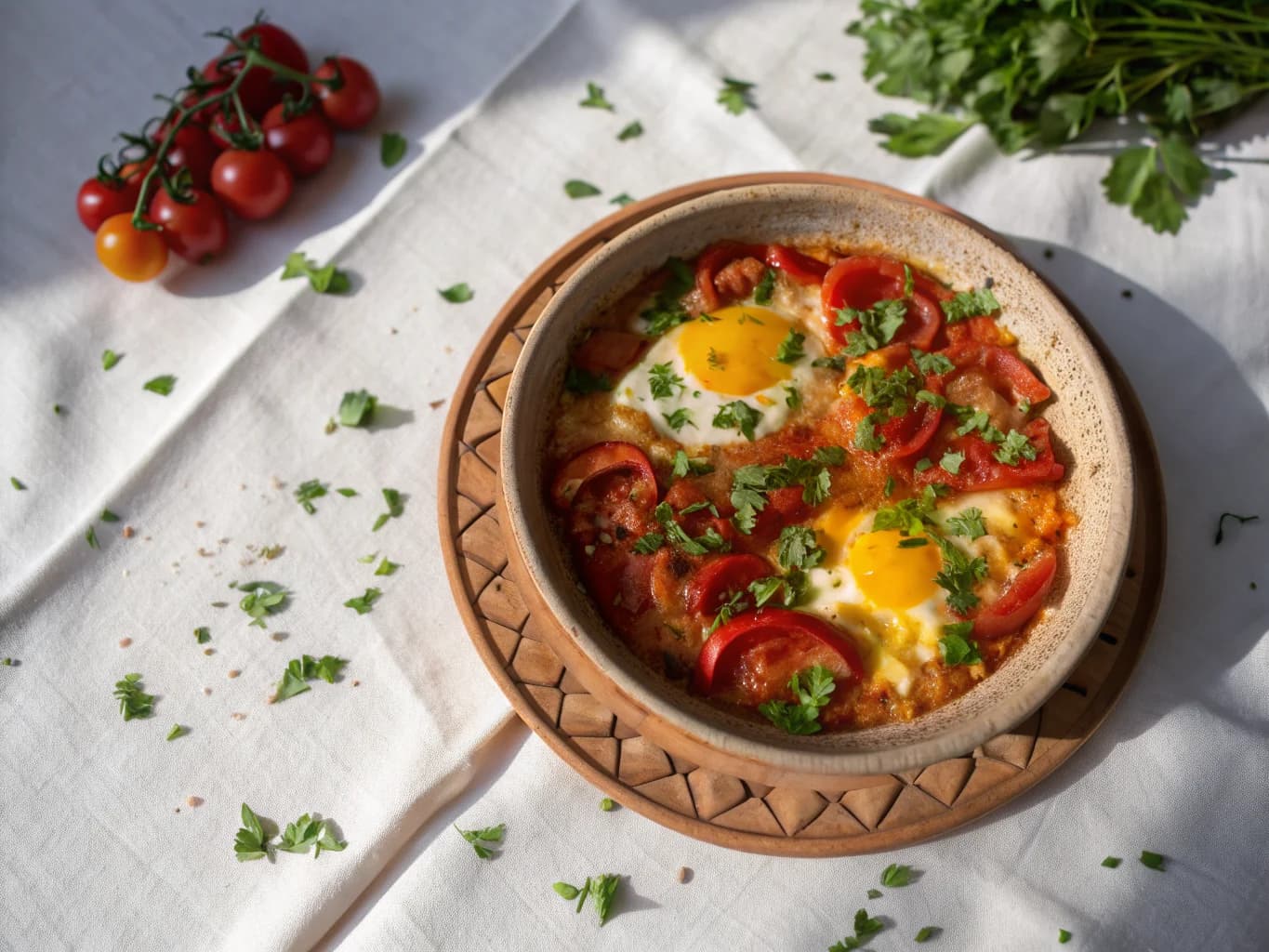 Turkish Breakfast Menemen with Peppers, Tomatoes and Eggs