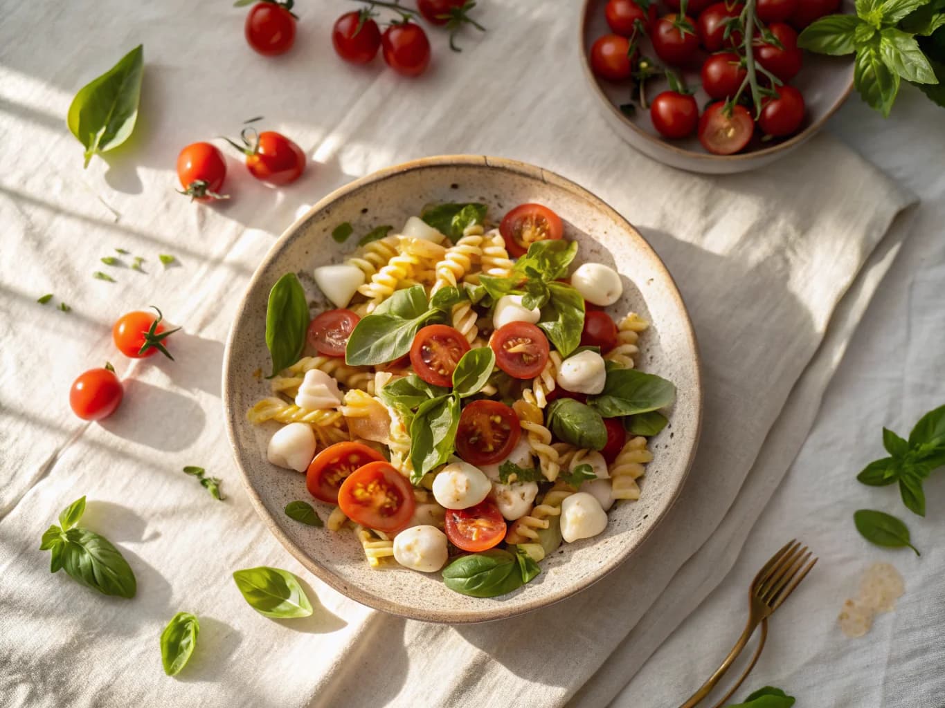 Italian Pasta Salad with Cherry Tomatoes, Basil and Mozzarella