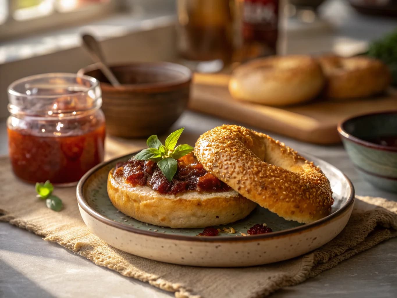 Golden Sesame Simit with Fig Jam