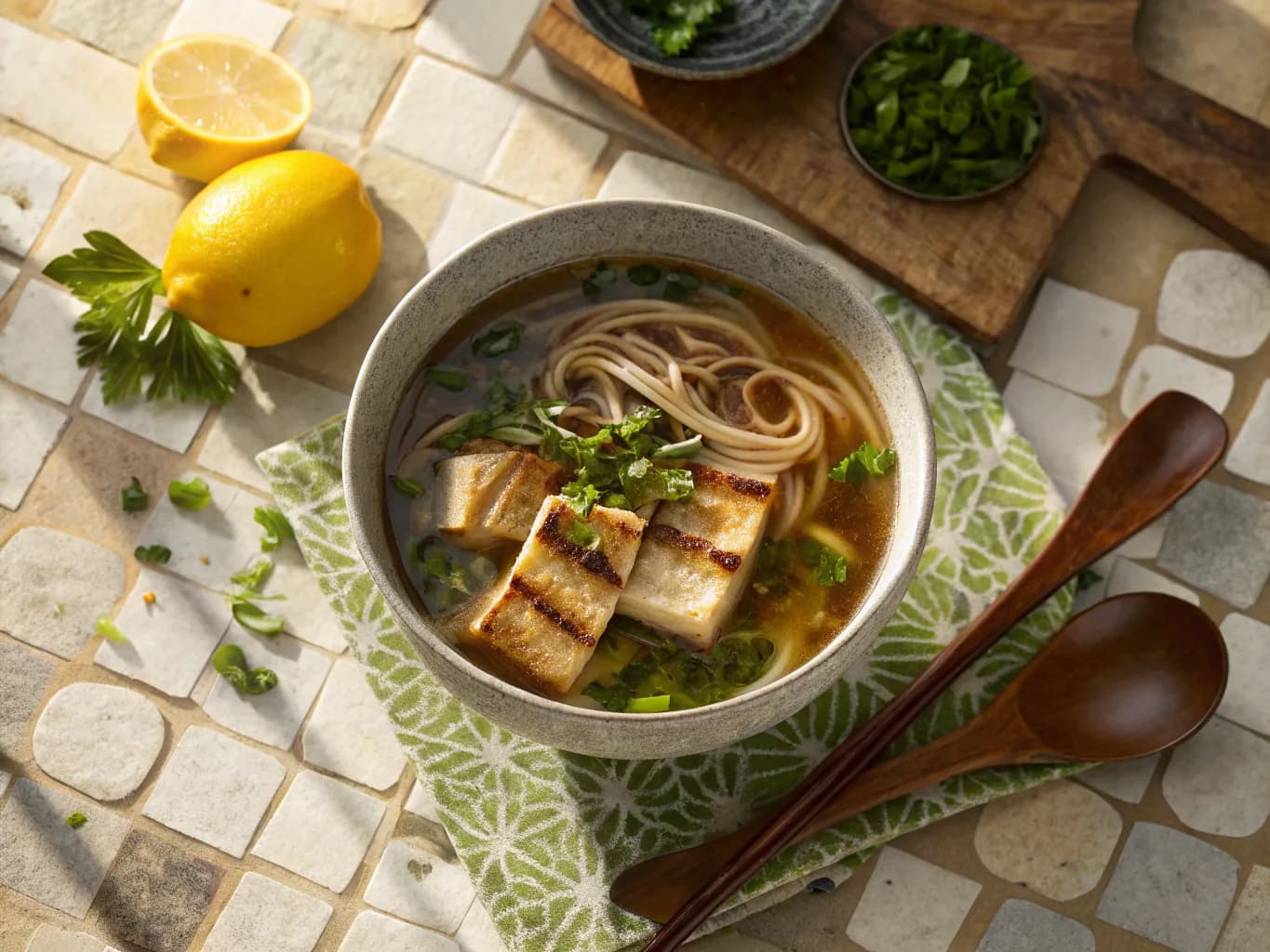 Miso Soup with Soba Noodles and Grilled Tofu
