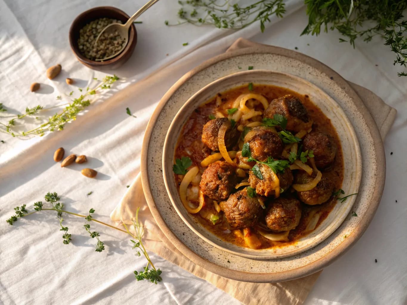 Algerian Tagine with Meatballs and Caramelized Onions