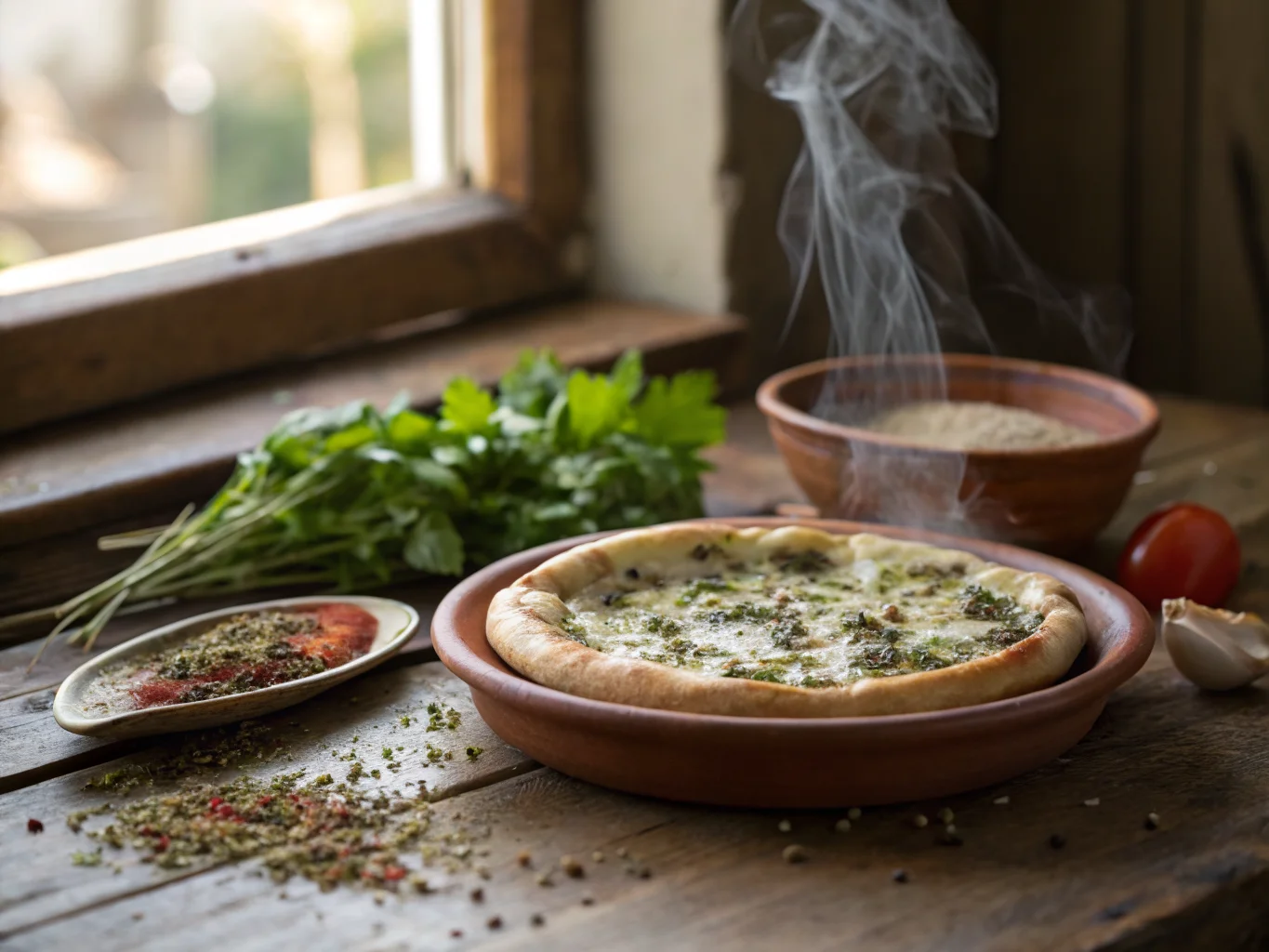 Zaatar and cheese Manakish (Lebanese breakfast)