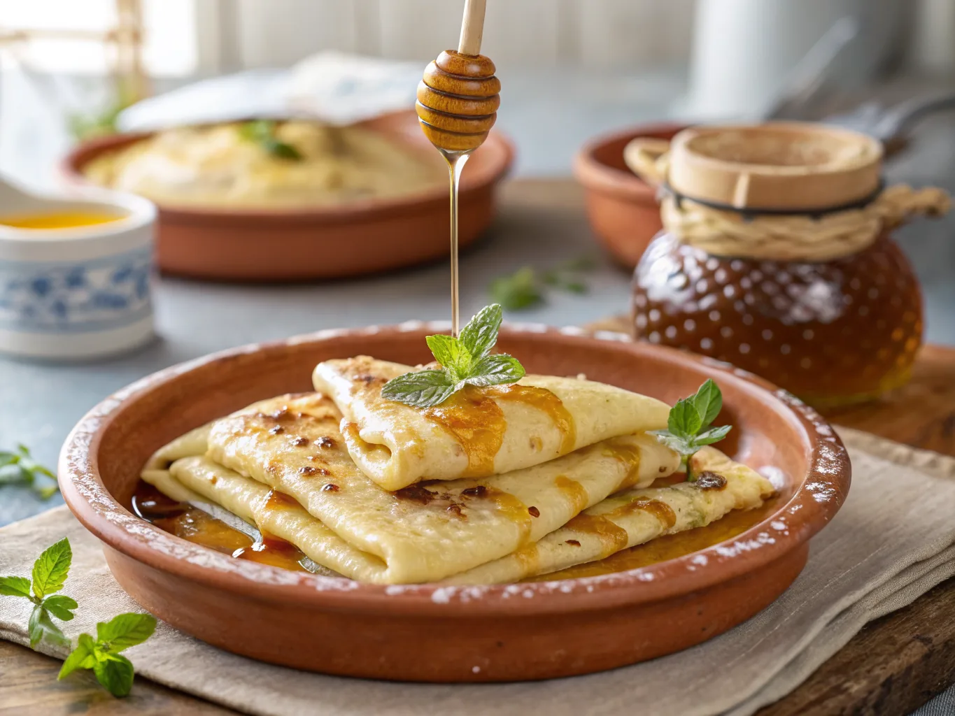 Moroccan Msemen Crêpes with Honey and Melted Butter