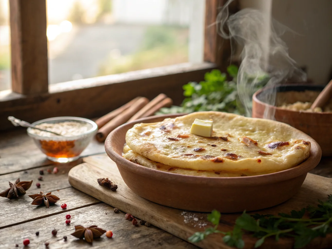Moroccan Msemen (Flaky Pancakes) with Honey and Butter