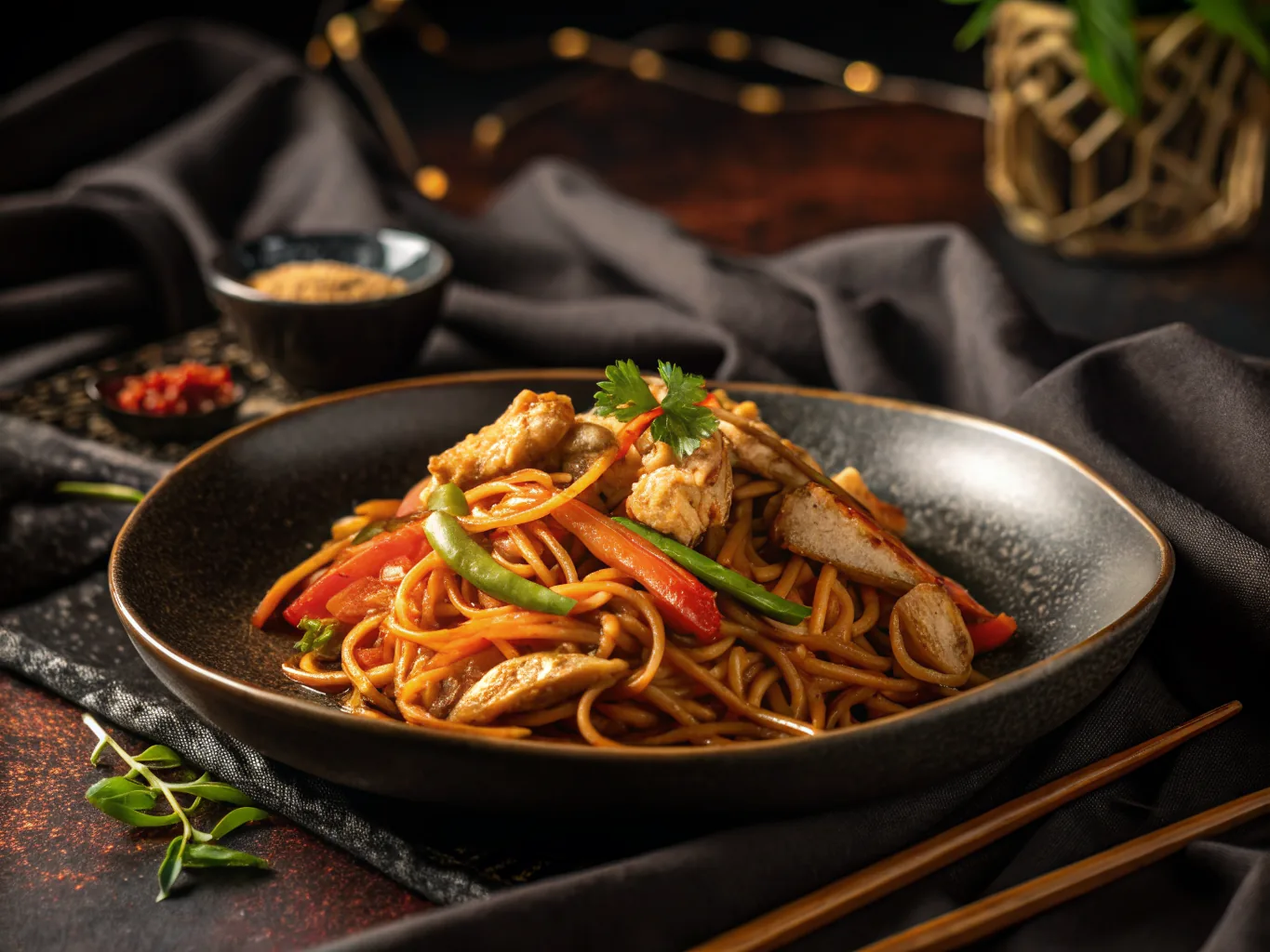 Asian stir-fried noodles with halal chicken