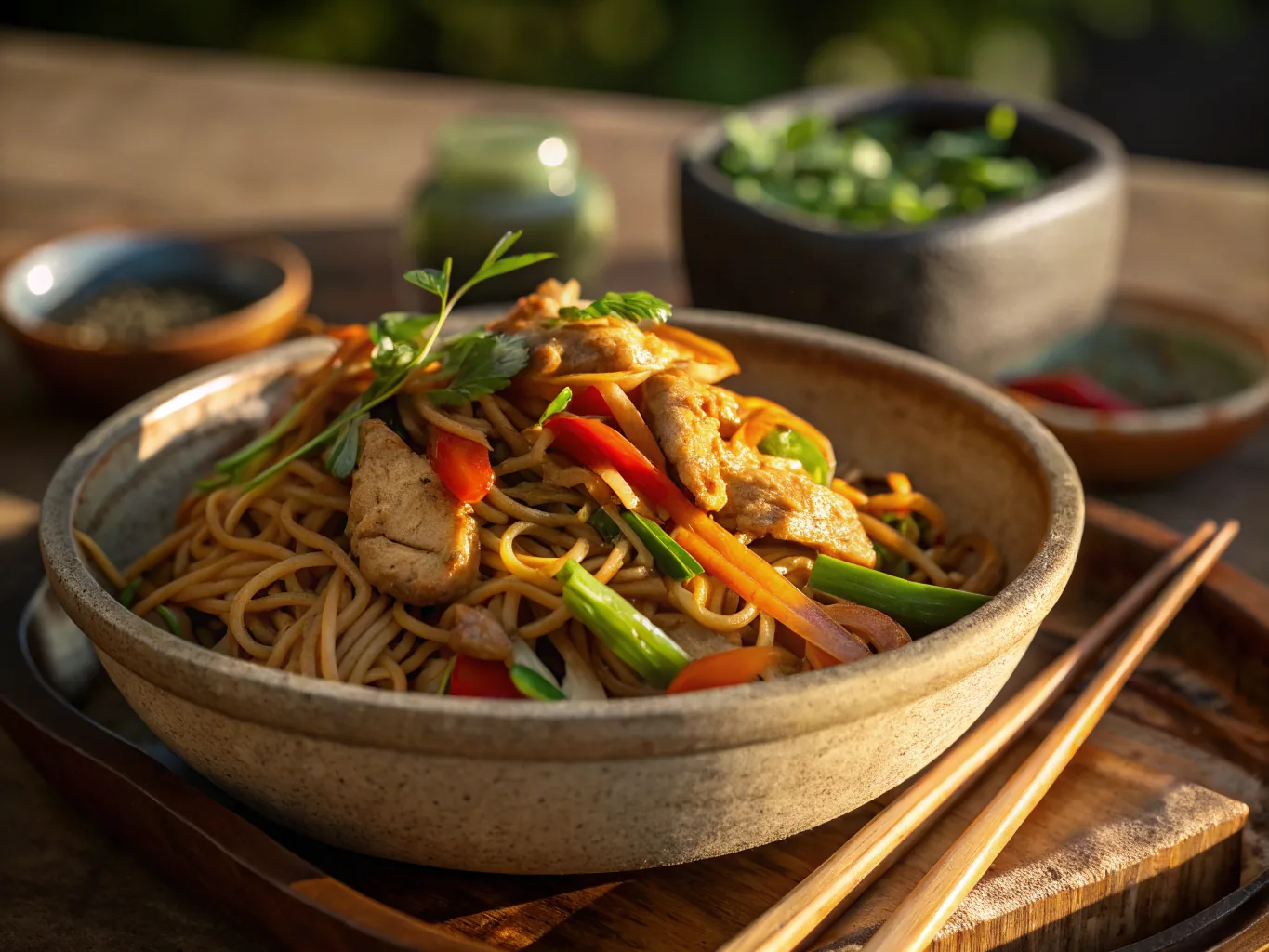 Nouilles sautées au poulet et légumes asiatiques