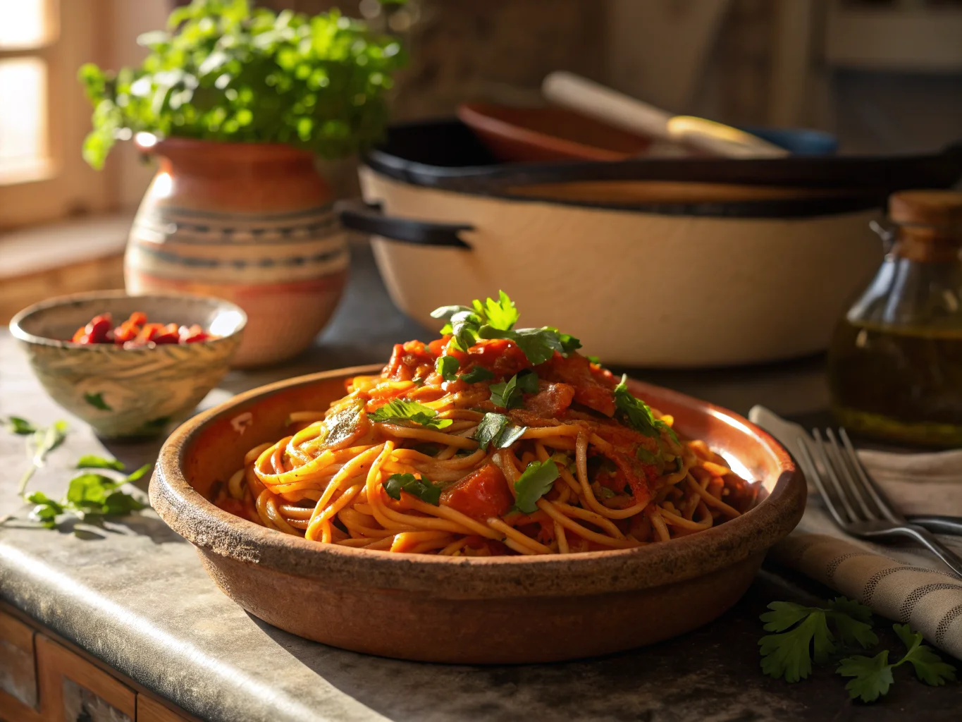 Tunisian Noodles with Vegetables and Harissa (Pasta Tunisian Style)
