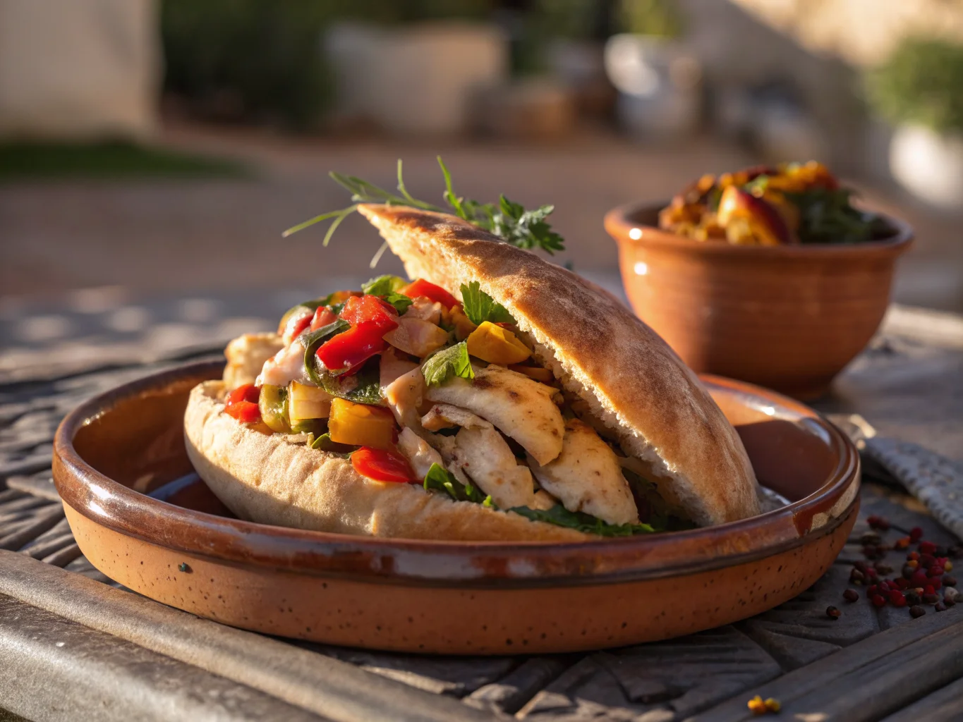 Moroccan stuffed bread with chicken and vegetables (M'smen sandwich)