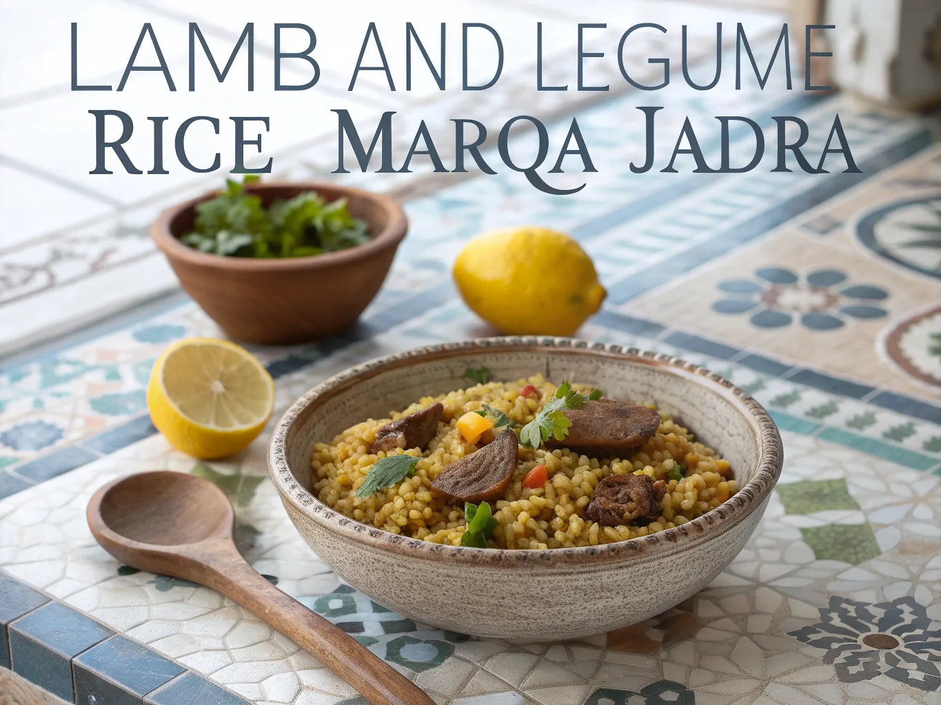 Riz à la viande d'agneau et légumes secs (Marqa Jadra)