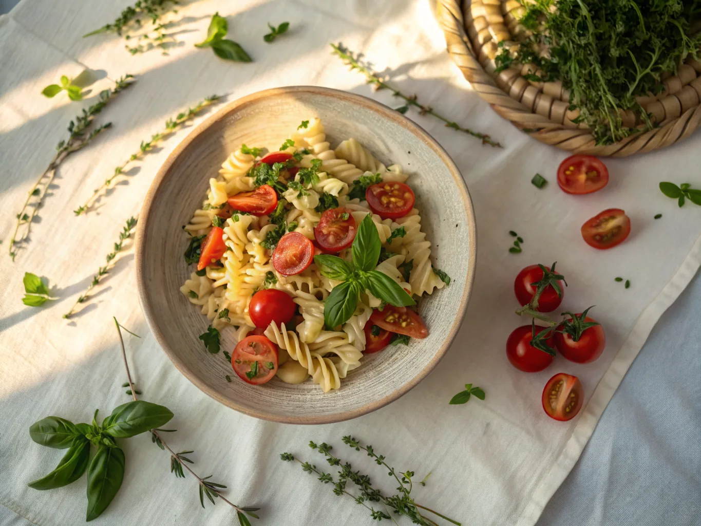 Salade Italienne de Pâtes, Tomates et Basilic (Pasta Fredda)