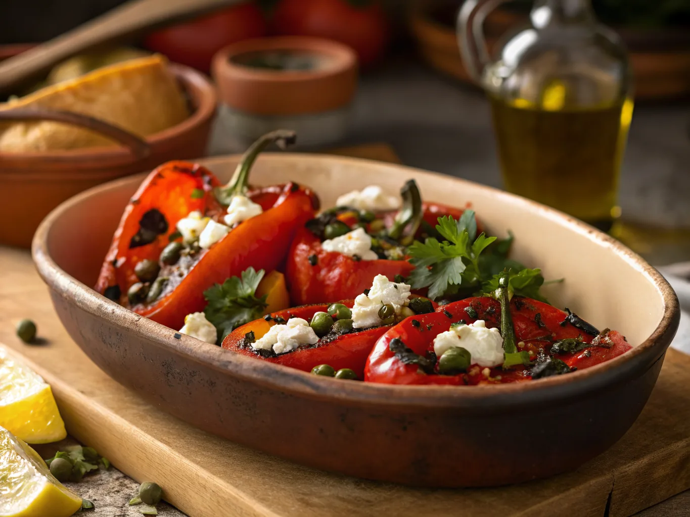 Salade Tunisienne de Poivrons Grilés à la Feta et Câpres