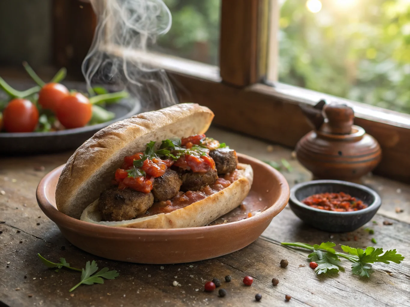 Moroccan Kefta Sandwich with Spicy Tomato Sauce