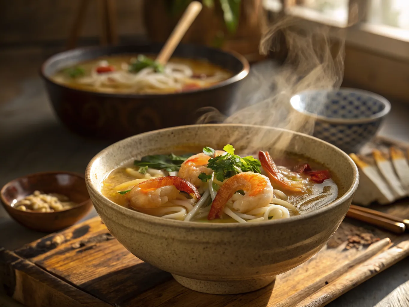 Soupe asiatique aux vermicelles de riz et crevettes