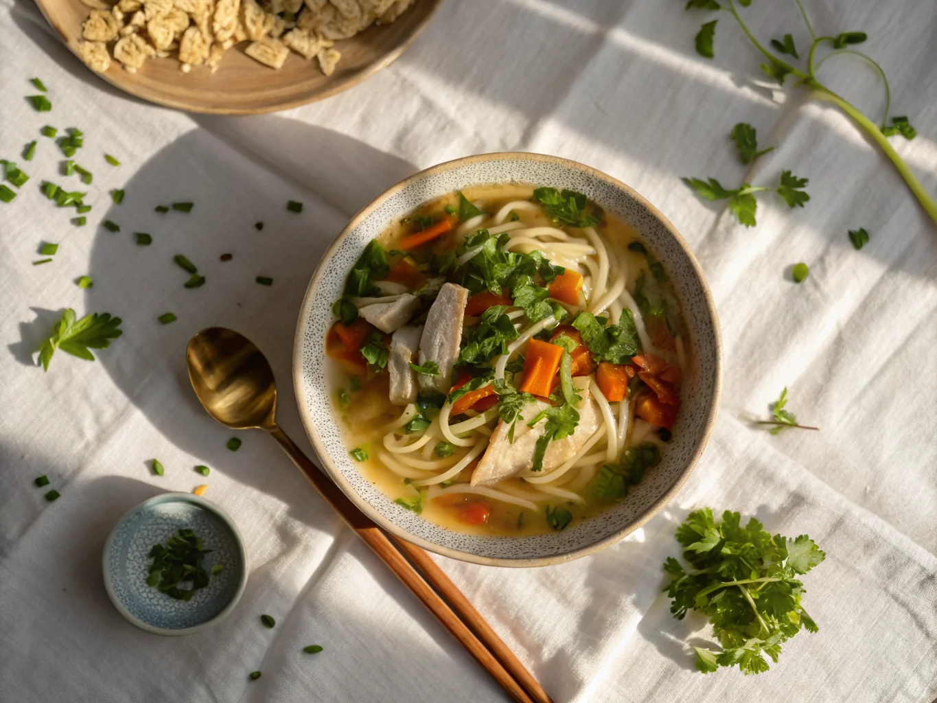 Soupe Asiatique Noodle au Poulet et Légumes Croquants